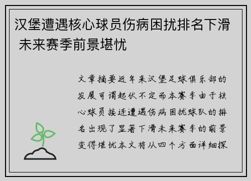 汉堡遭遇核心球员伤病困扰排名下滑 未来赛季前景堪忧