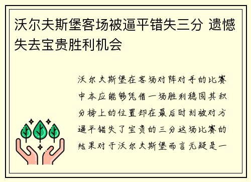 沃尔夫斯堡客场被逼平错失三分 遗憾失去宝贵胜利机会