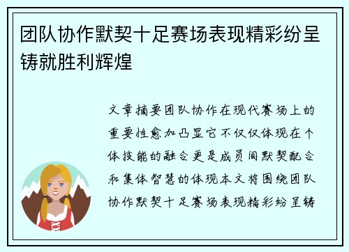 团队协作默契十足赛场表现精彩纷呈铸就胜利辉煌