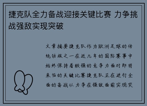 捷克队全力备战迎接关键比赛 力争挑战强敌实现突破