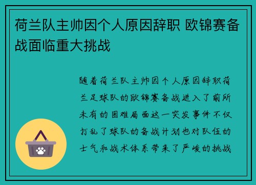 荷兰队主帅因个人原因辞职 欧锦赛备战面临重大挑战