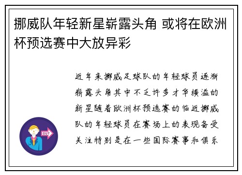 挪威队年轻新星崭露头角 或将在欧洲杯预选赛中大放异彩