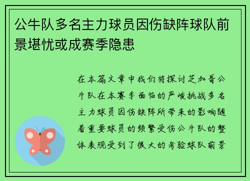 公牛队多名主力球员因伤缺阵球队前景堪忧或成赛季隐患