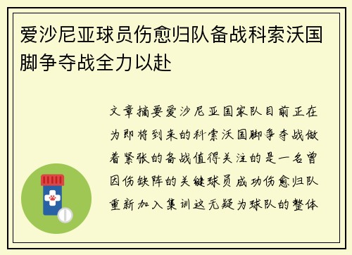 爱沙尼亚球员伤愈归队备战科索沃国脚争夺战全力以赴
