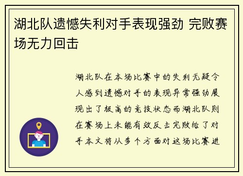 湖北队遗憾失利对手表现强劲 完败赛场无力回击