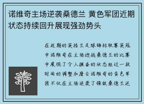 诺维奇主场逆袭桑德兰 黄色军团近期状态持续回升展现强劲势头
