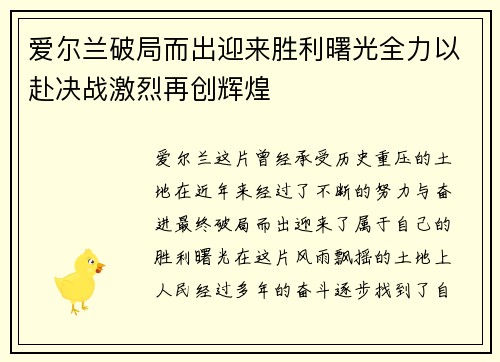 爱尔兰破局而出迎来胜利曙光全力以赴决战激烈再创辉煌